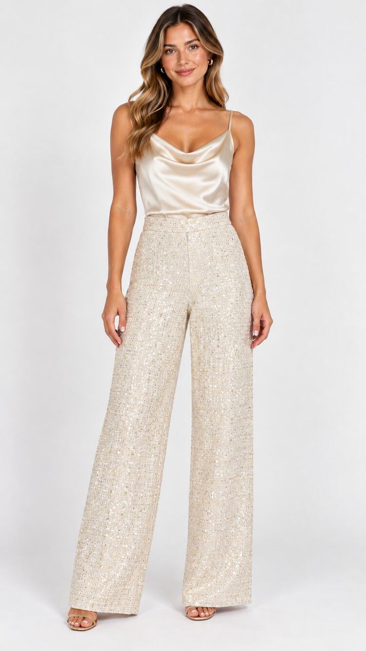 Blithe Sequin Tweed Wide Leg Pant Trousers Cream Gold Womens Small High Rise NWT
